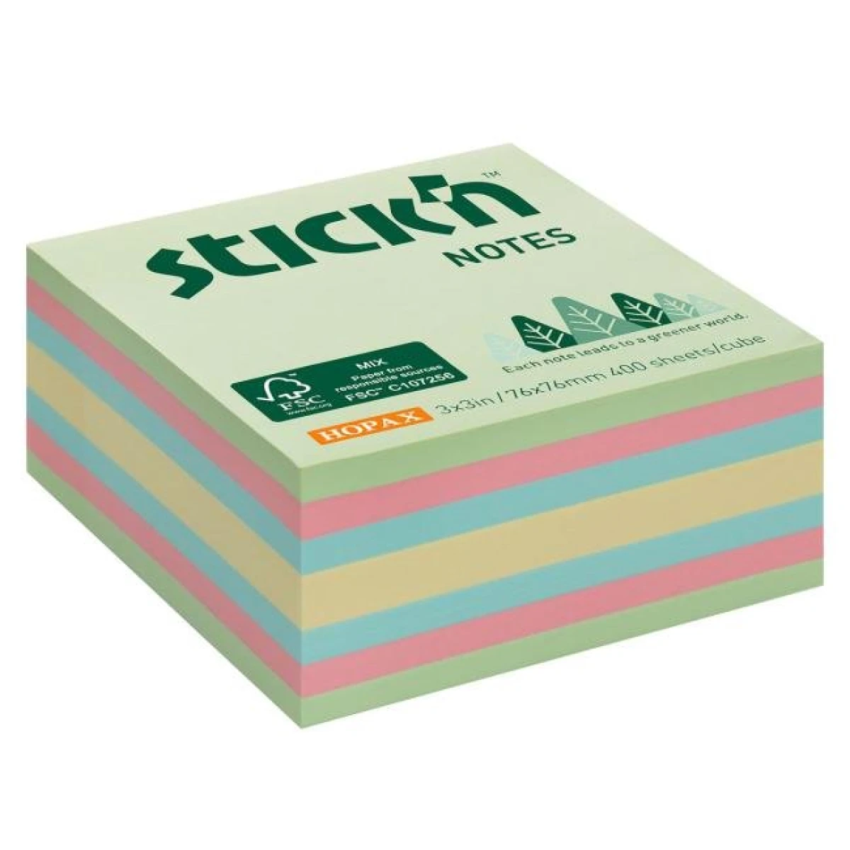 Samolepiaci bloček Stick’n Hopax, 76x76 mm, lesný mix pastelových farieb, 400 lístkov 