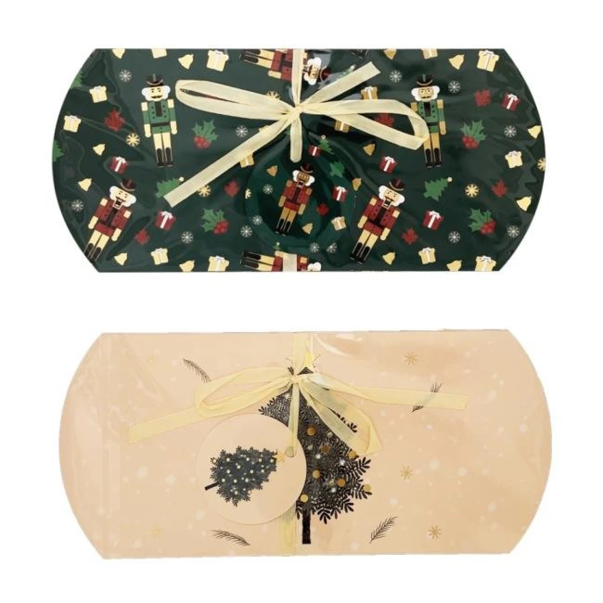 Vianočná papierová darčeková krabička pukačka 220x100mm 2 ks mix zelenokrémových motívov 