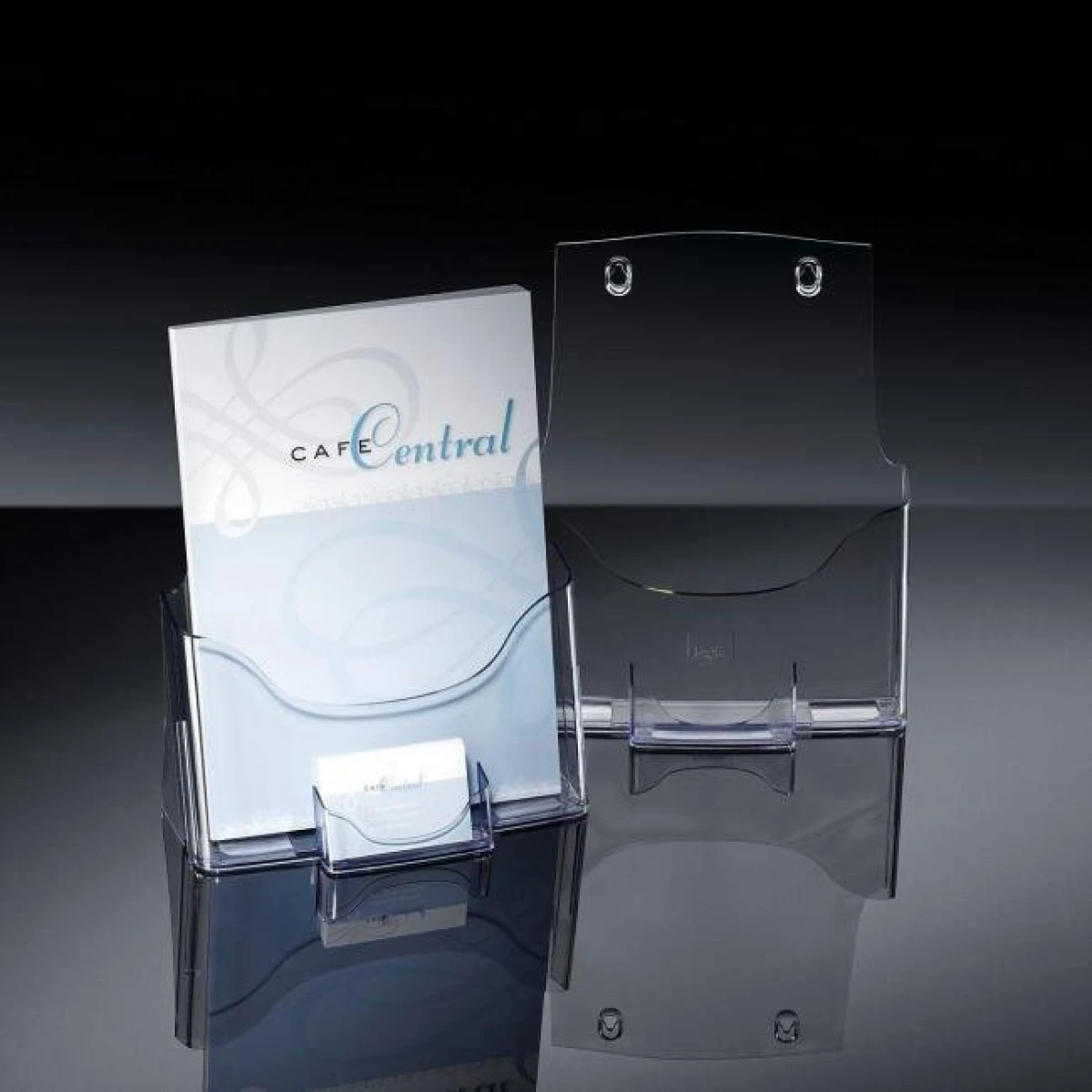 Prezentačný stojan A4 s držiakom na vizitky v strede 