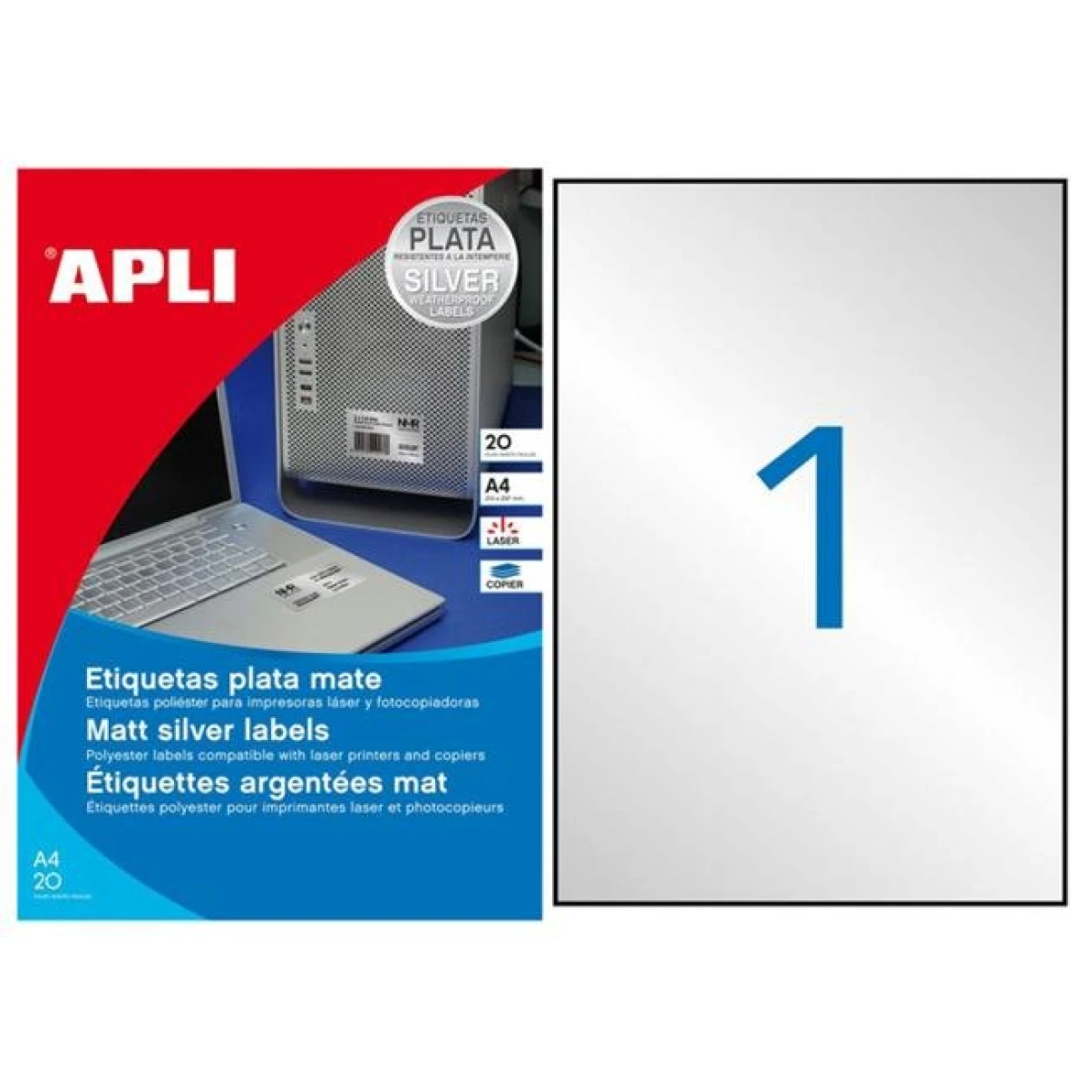 Etikety polyesterové 210x297mm APLI A4 20 hárkov strieborné 