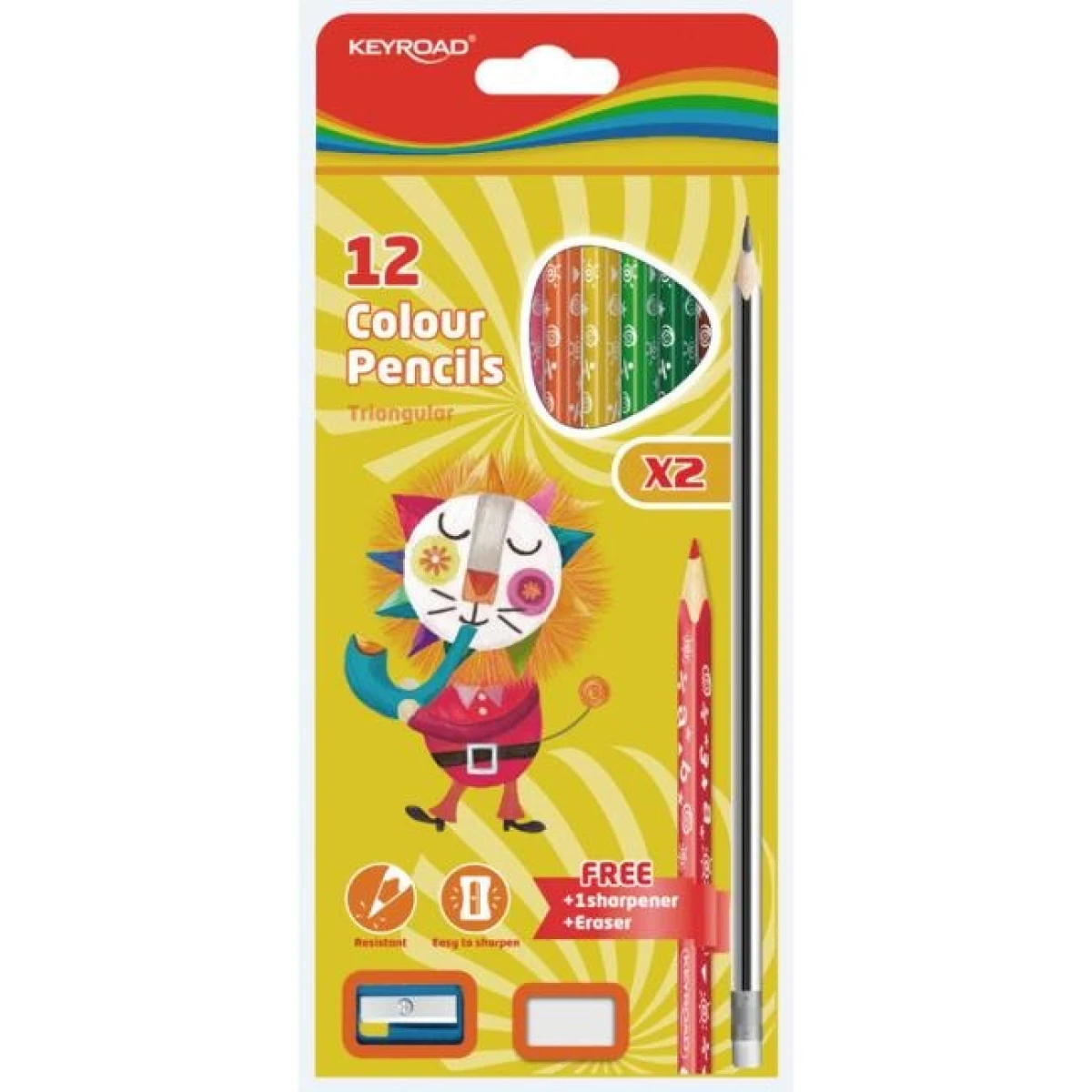 Farbičky KEYROAD s gumou a strúhadlom, 12 farieb 