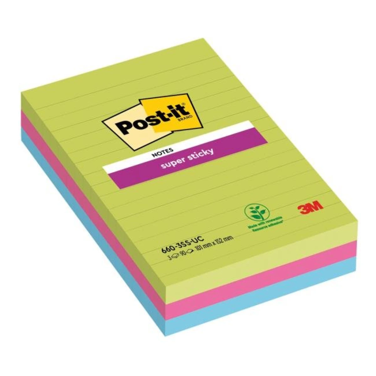 Samolepiaci bloček Post-it Super Sticky 101 mm x 152 mm XXL, dúhové farby, linajkové, 3 bločky po 90 lístkov 