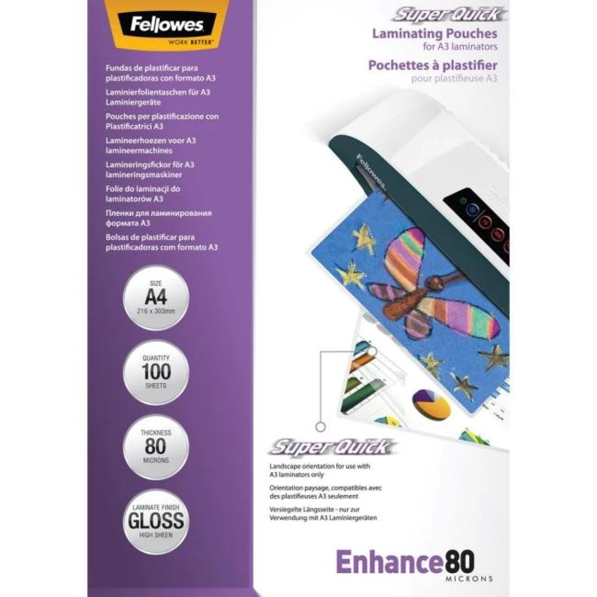 Laminovacie fólie Fellowes 216x303 A4 80mic Superquick 