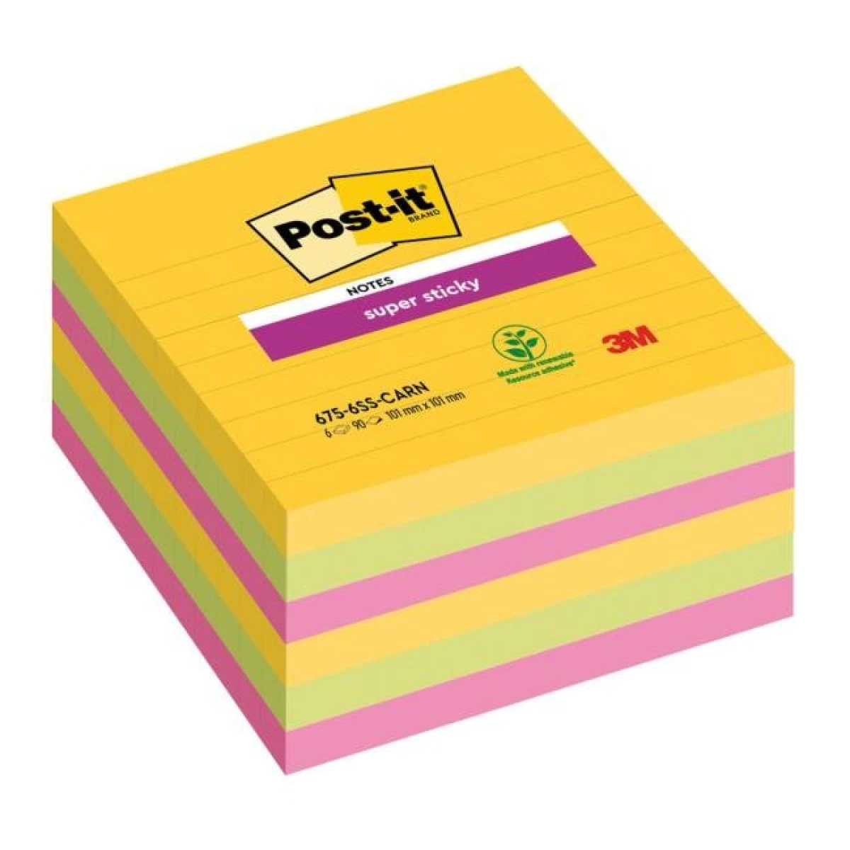 Samolepiaci bloček Post-it Super Sticky CARNIVAL, veľkosť 101x 101 mm, 6 bločkov po 90 lístkov 
