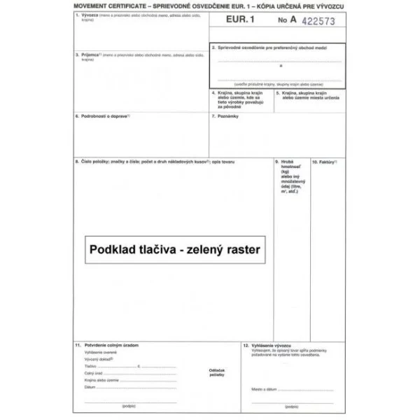 Sprievodné osvedčenie EUR.1, samoprepis, 3 listy 
