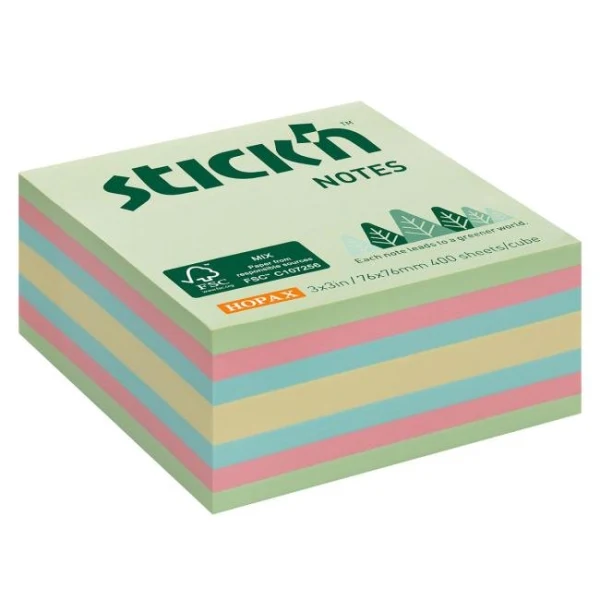 Samolepiaci bloček Stick’n Hopax, 76x76 mm, lesný mix pastelových farieb, 400 lístkov 