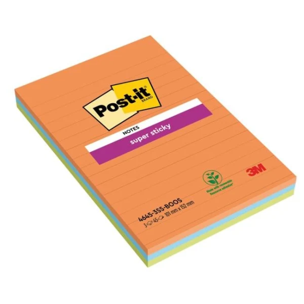 Samolepiaci bloček Post-it Super Sticky BOOST, linajkové, 101 mm x 152 mm, 45l , 3 bločky 