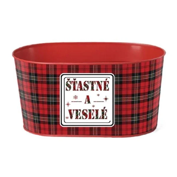 Kvetináč plechový 225x110 mm oválny, `Šťastné a veselé`, červená, čierna, zelená 