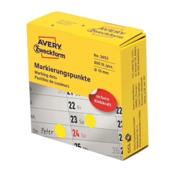 Etikety kruhové 10mm Avery žlté v dispenzore 