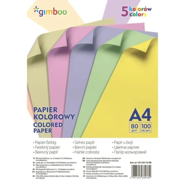 Farebný papier Gimboo A4, 100 listov, 80g, 5 pastelových farieb 