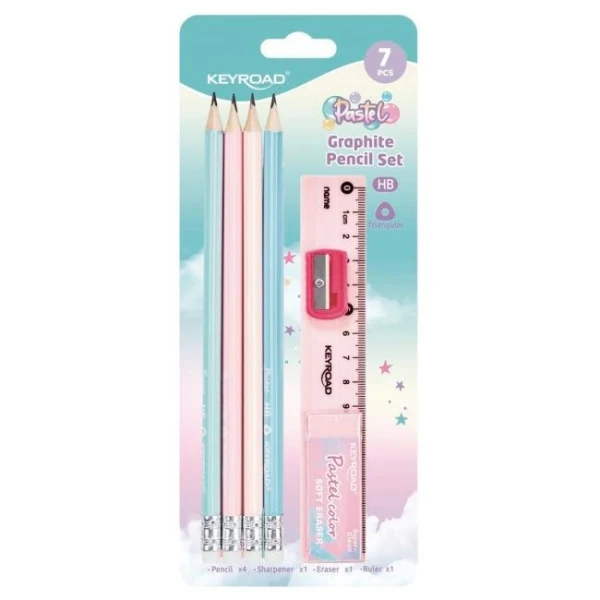 Súprava školských pomôcok KEYROAD Pastel, blister 7 ks, mix farieb 