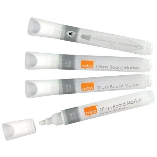 Popisovače Nobo na sklenené tabule s okrúhlym hrotom, balenie 4 ks, biele 