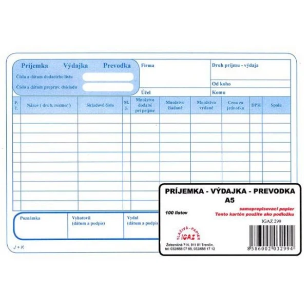 Príjemka - výdajka - prevodka s DPH, samoprepis, A5 