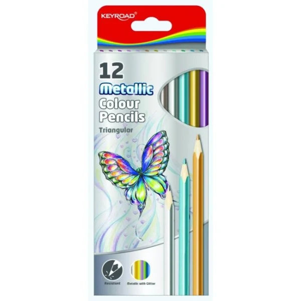 Farbičky trojhranné metalické KEYROAD, 12 farieb 