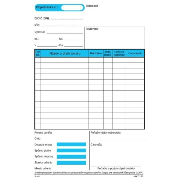 Objednávka, samoprepis s kartónovou obálkou - podložkou, A5, 100 listov 