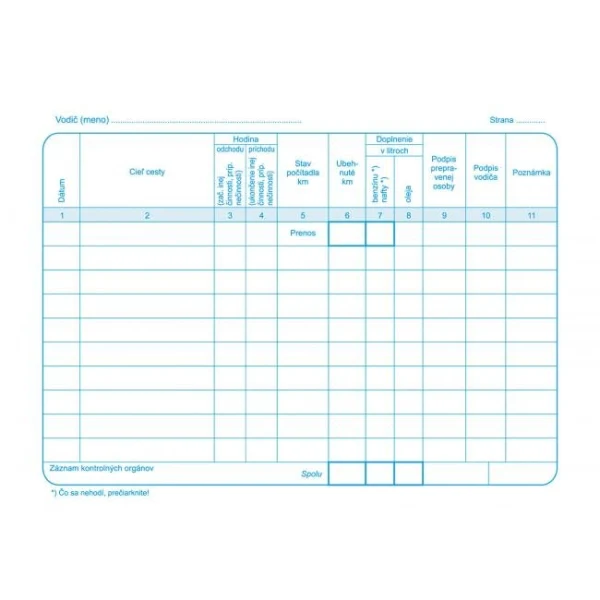Záznam o prevádzke vozidla osobnej dopravy, A5, blok, 100 listov 