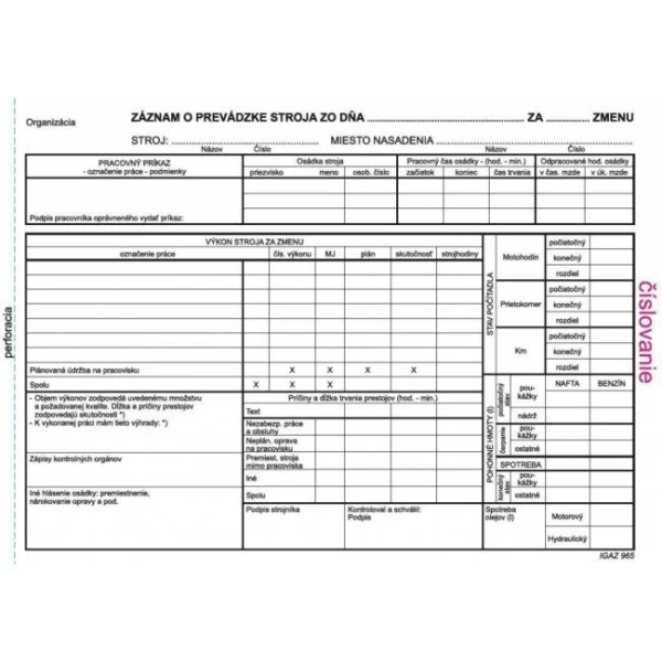 Záznam o prevádzke stroja A5, 100 listov, samoprepis, číslovaný 